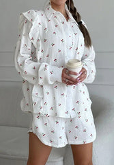 Cherry Patterned White Cotton Shorts Pajama Set