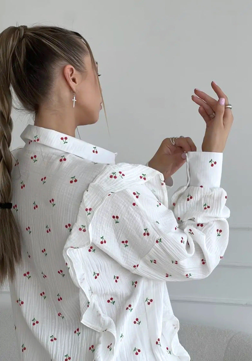 Cherry Patterned White Cotton Shorts Pajama Set