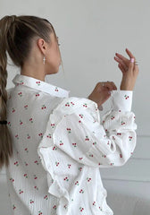 Cherry Patterned White Cotton Shorts Pajama Set