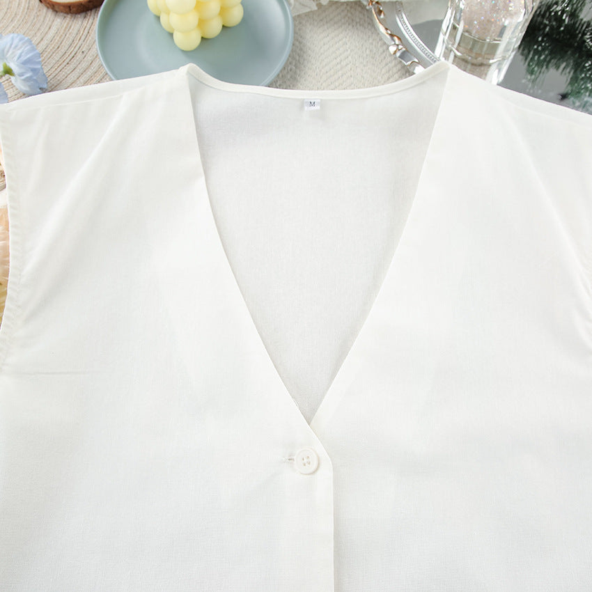 Cotton White Vest Wide Leg Suit 