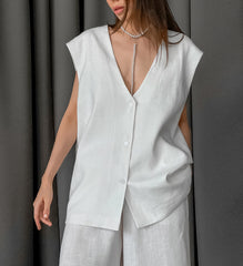 Cotton White Vest Wide Leg Suit 