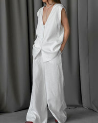 Cotton White Vest Wide Leg Suit 