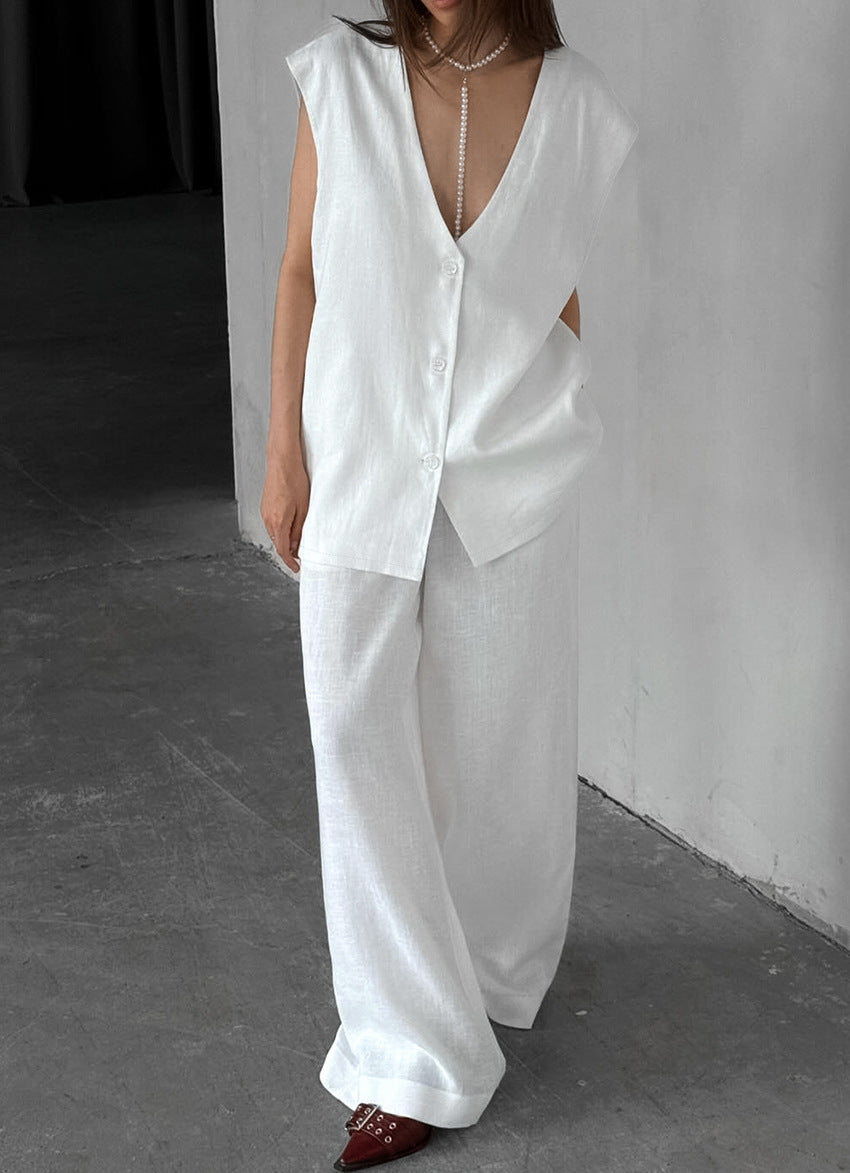 Cotton White Vest Wide Leg Suit 
