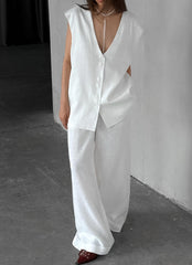 Cotton White Vest Wide Leg Suit 