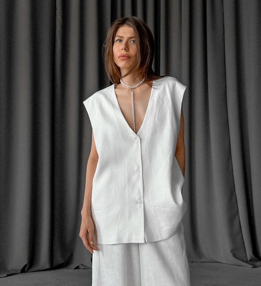 Cotton White Vest Wide Leg Suit 