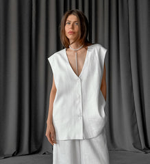 Cotton White Vest Wide Leg Suit 