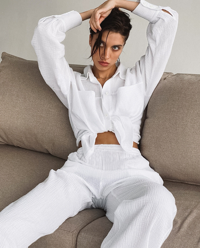 Pamuklu Fransız Tarzı Uzun Kollu Pijama Takımı