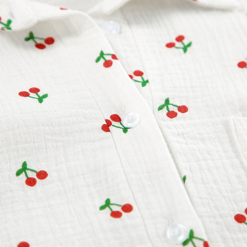 Cherry Patterned White Cotton Shorts Pajama Set