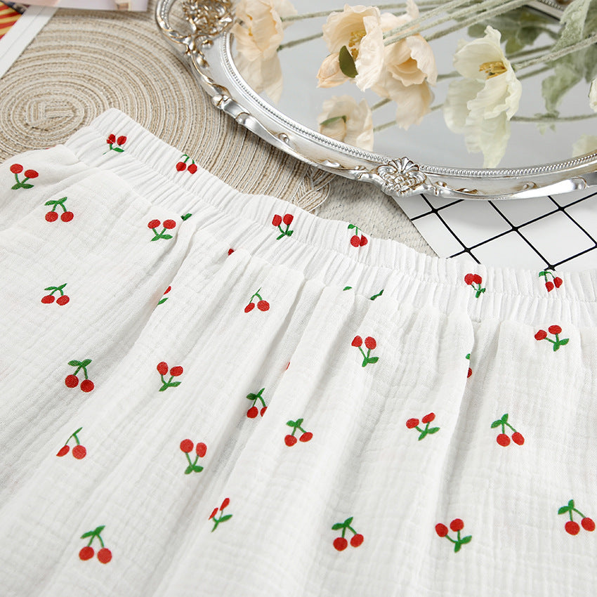 Cherry Patterned White Cotton Shorts Pajama Set
