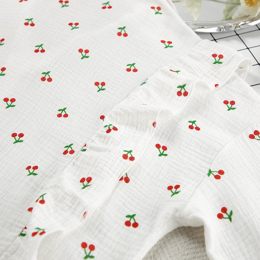 Cherry Patterned White Cotton Shorts Pajama Set