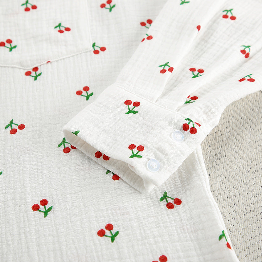 Cherry Patterned White Cotton Shorts Pajama Set
