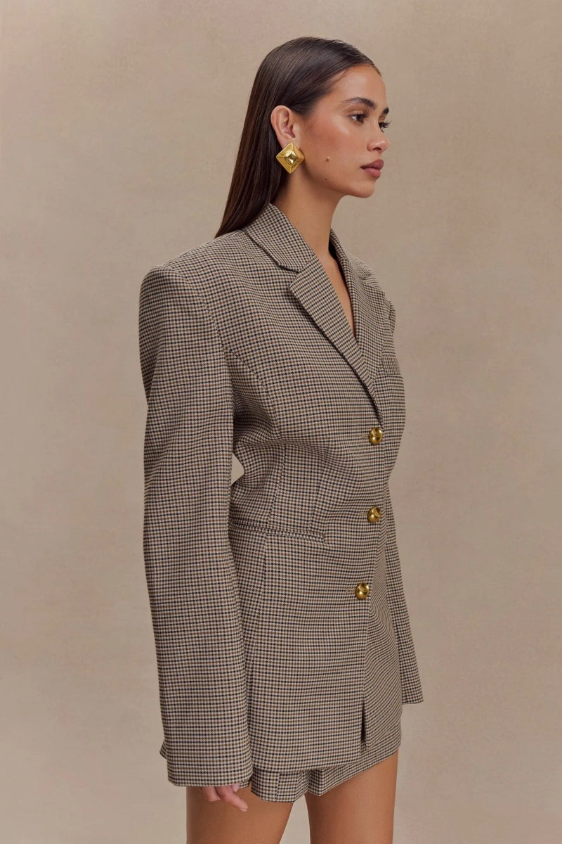 Kare Düğmeli Kuplu Ekose Blazer Ceket Zalle