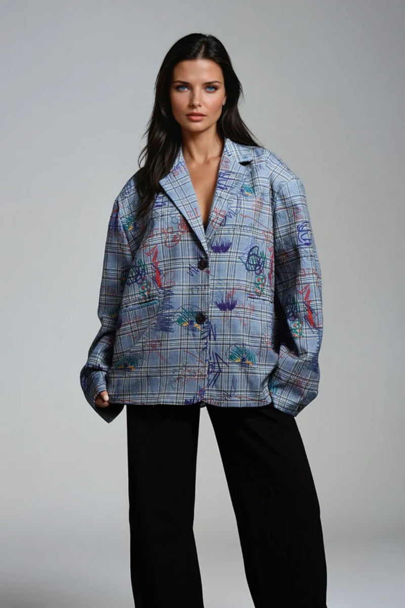 Grafiti Desenli Oversize Kareli Blazer Ceket Zalle