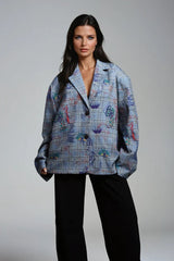Grafiti Desenli Oversize Kareli Blazer Ceket Zalle