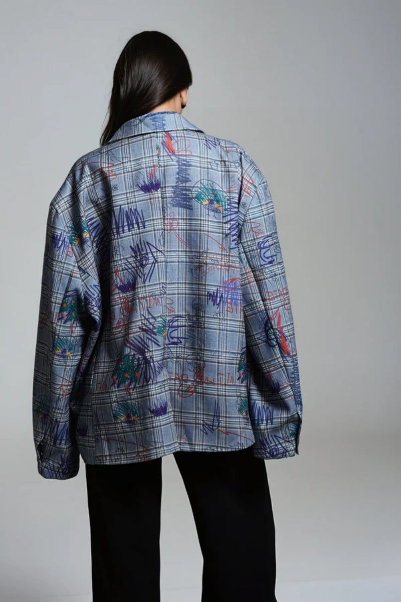 Grafiti Desenli Oversize Kareli Blazer Ceket Zalle