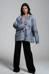 Grafiti Desenli Oversize Kareli Blazer Ceket Zalle