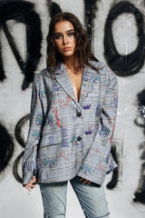 Grafiti Desenli Oversize Kareli Blazer Ceket Zalle