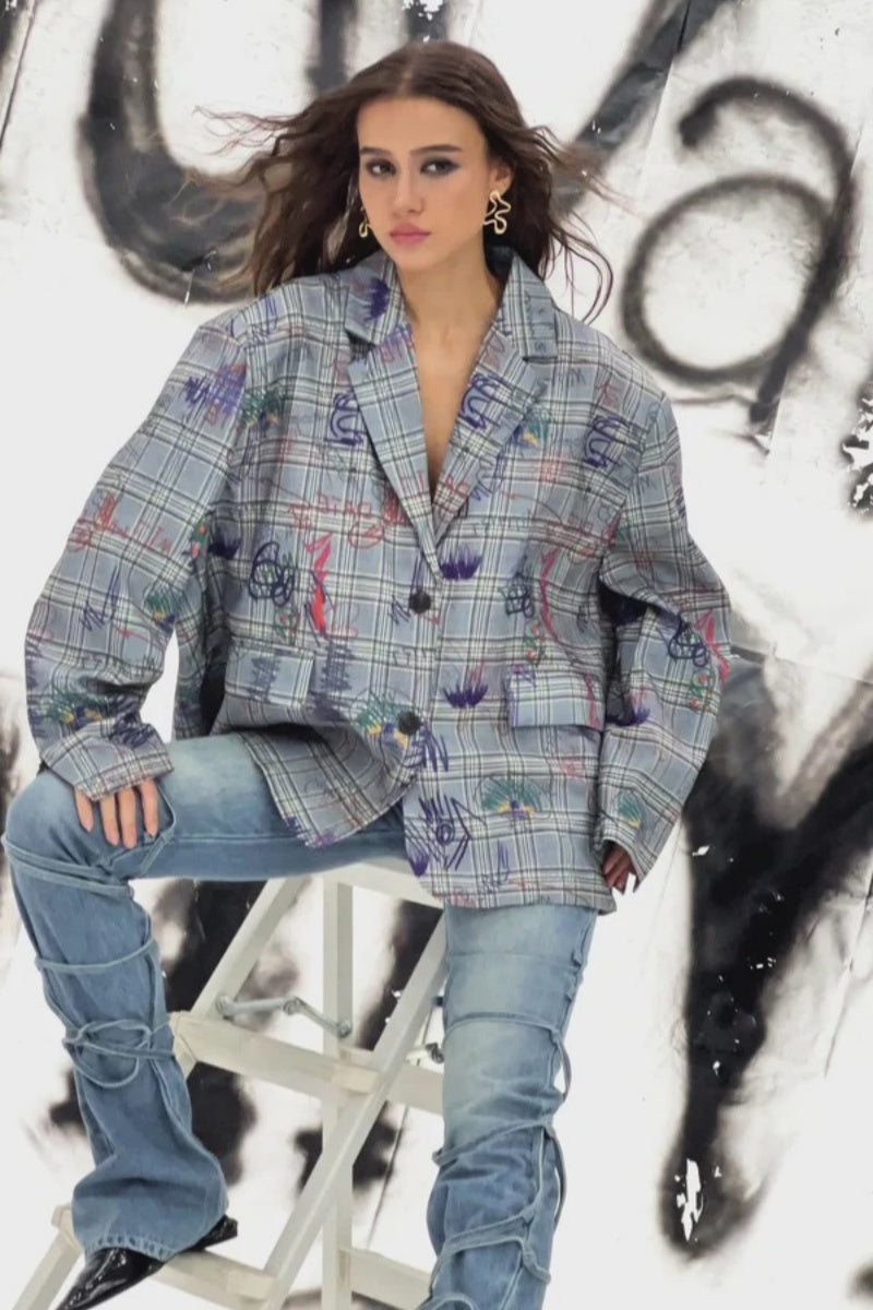 Grafiti Desenli Oversize Kareli Blazer Ceket Zalle