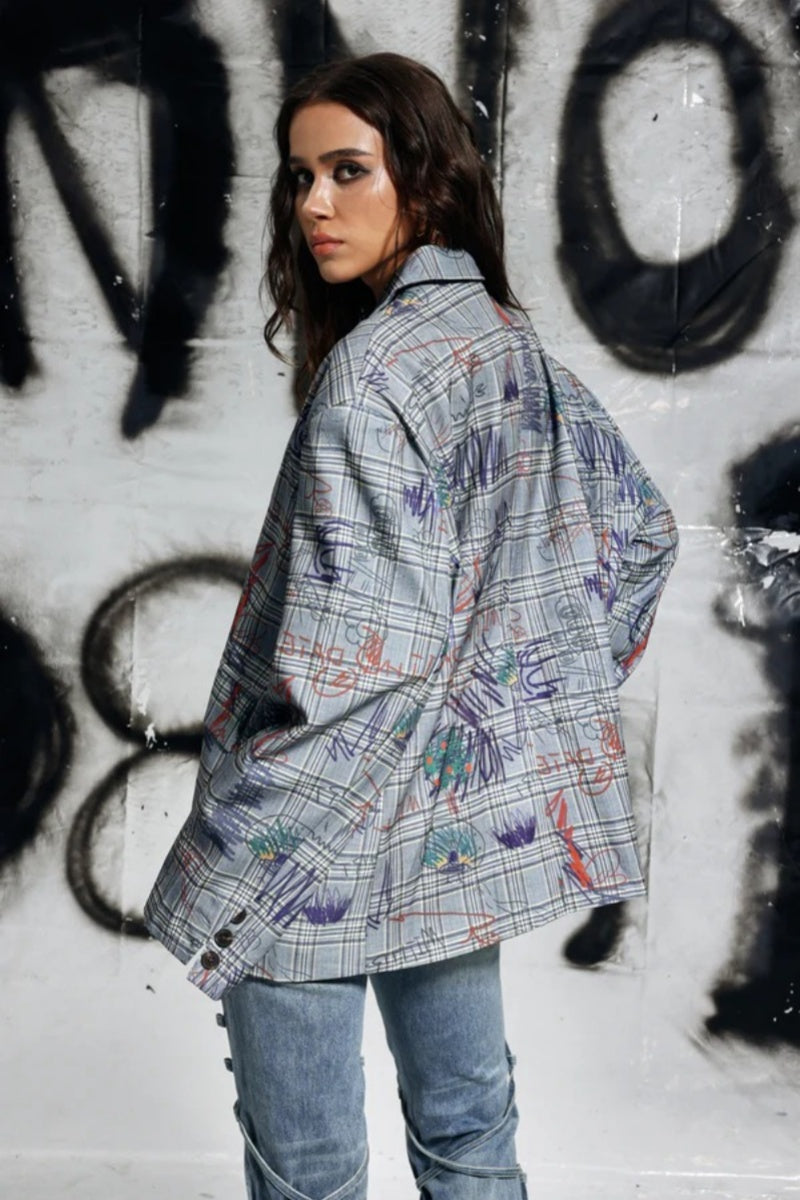 Grafiti Desenli Oversize Kareli Blazer Ceket Zalle