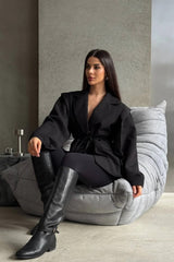 Siyah Kemer Detaylı Oversize Blazer Ceket Zalle