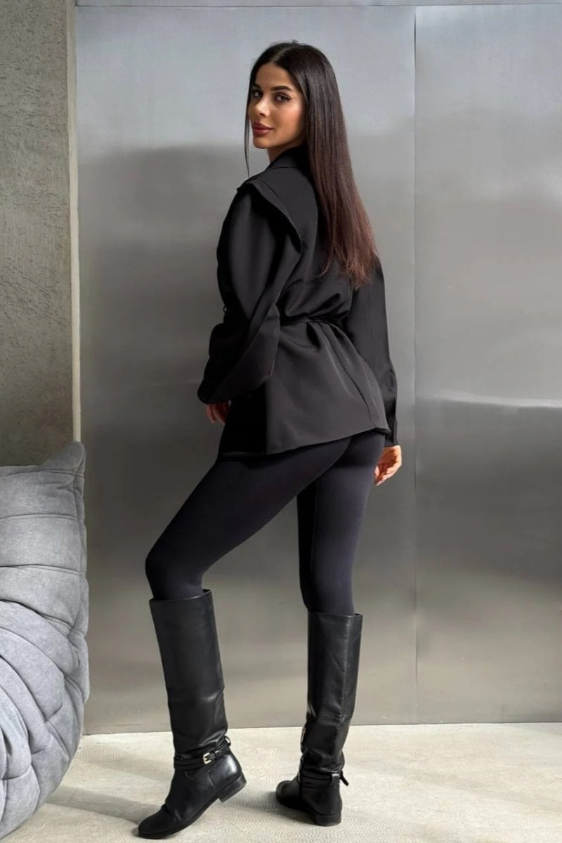 Siyah Kemer Detaylı Oversize Blazer Ceket Zalle