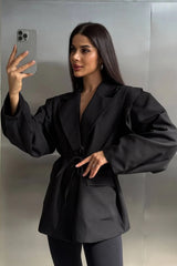 Siyah Kemer Detaylı Oversize Blazer Ceket Zalle