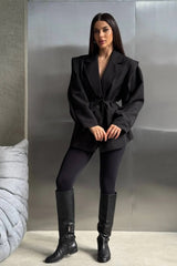 Siyah Kemer Detaylı Oversize Blazer Ceket Zalle