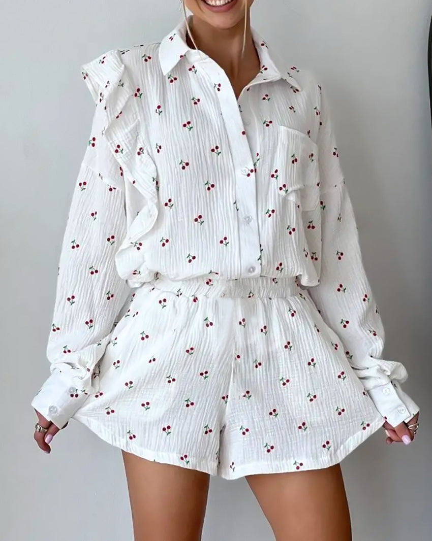 Cherry Patterned White Cotton Shorts Pajama Set