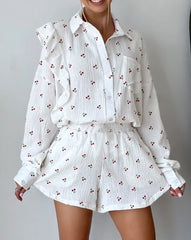 Cherry Patterned White Cotton Shorts Pajama Set