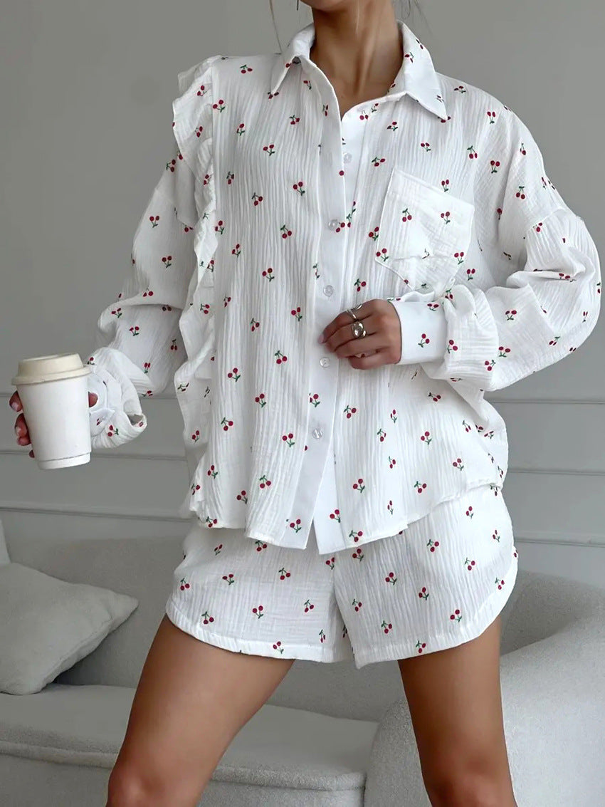 Cherry Patterned White Cotton Shorts Pajama Set