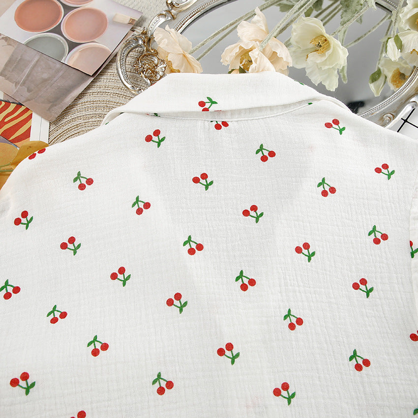 Cherry Patterned White Cotton Shorts Pajama Set
