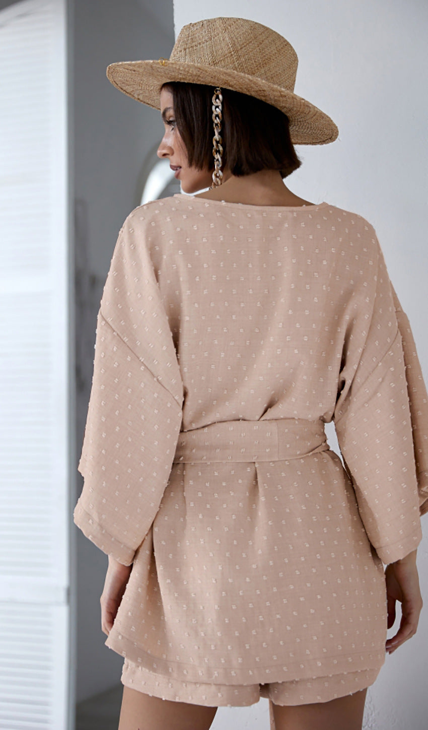 Cotton V Neck Long Sleeve Shorts Pajama Set