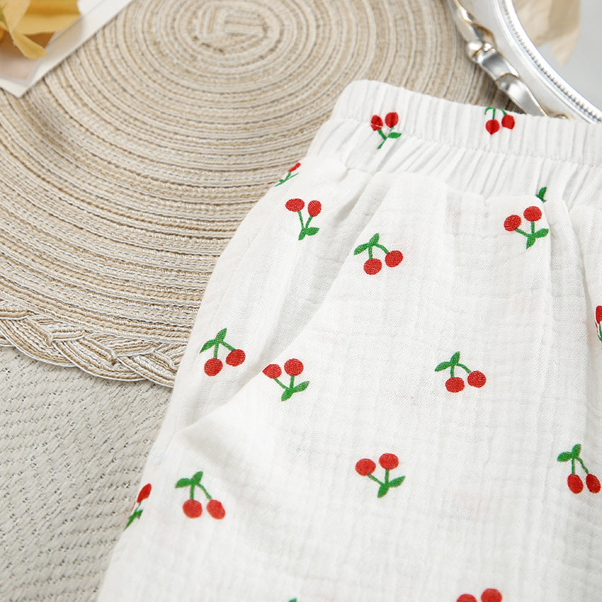 Cherry Patterned White Cotton Shorts Pajama Set