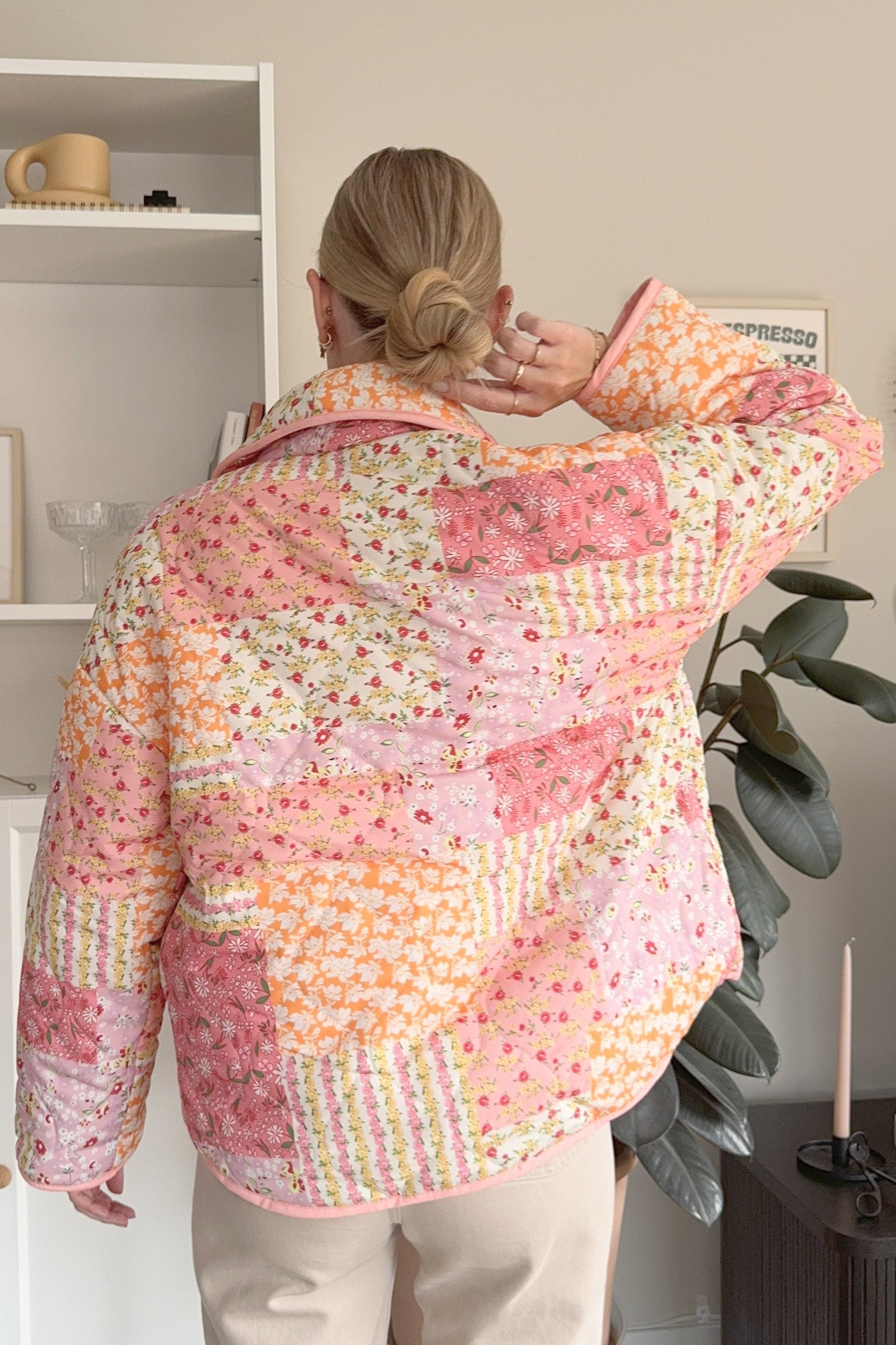 Pembe Patchwork Desenli Oversize Kapitone Ceket Zalle