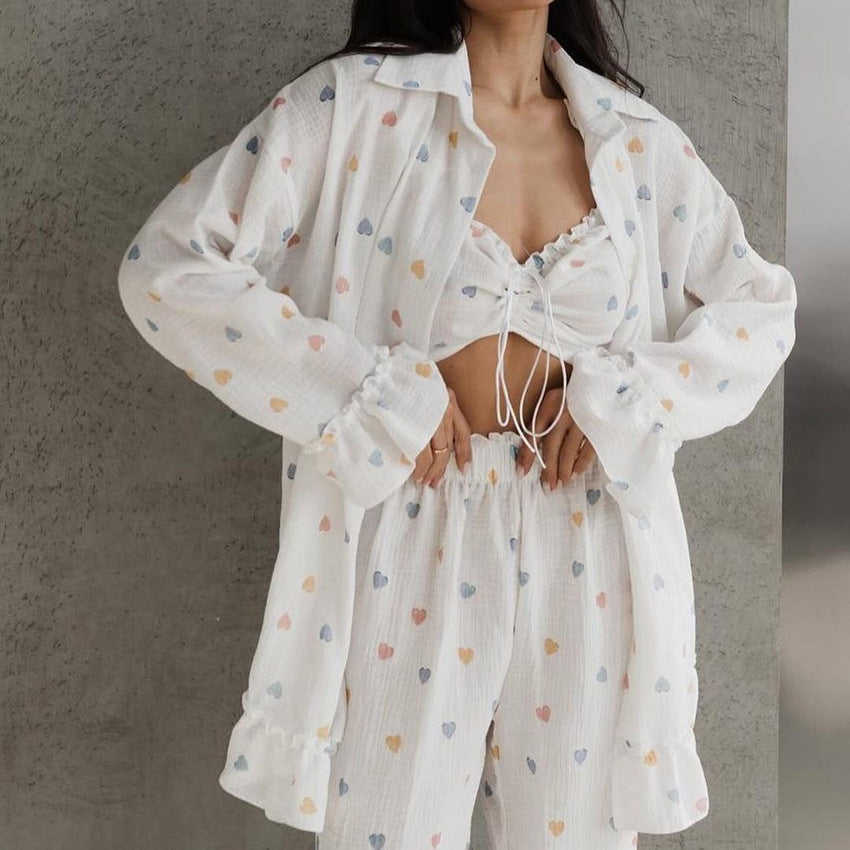 Pamuklu Uzun Kollu Kalpli Pijama Takımı