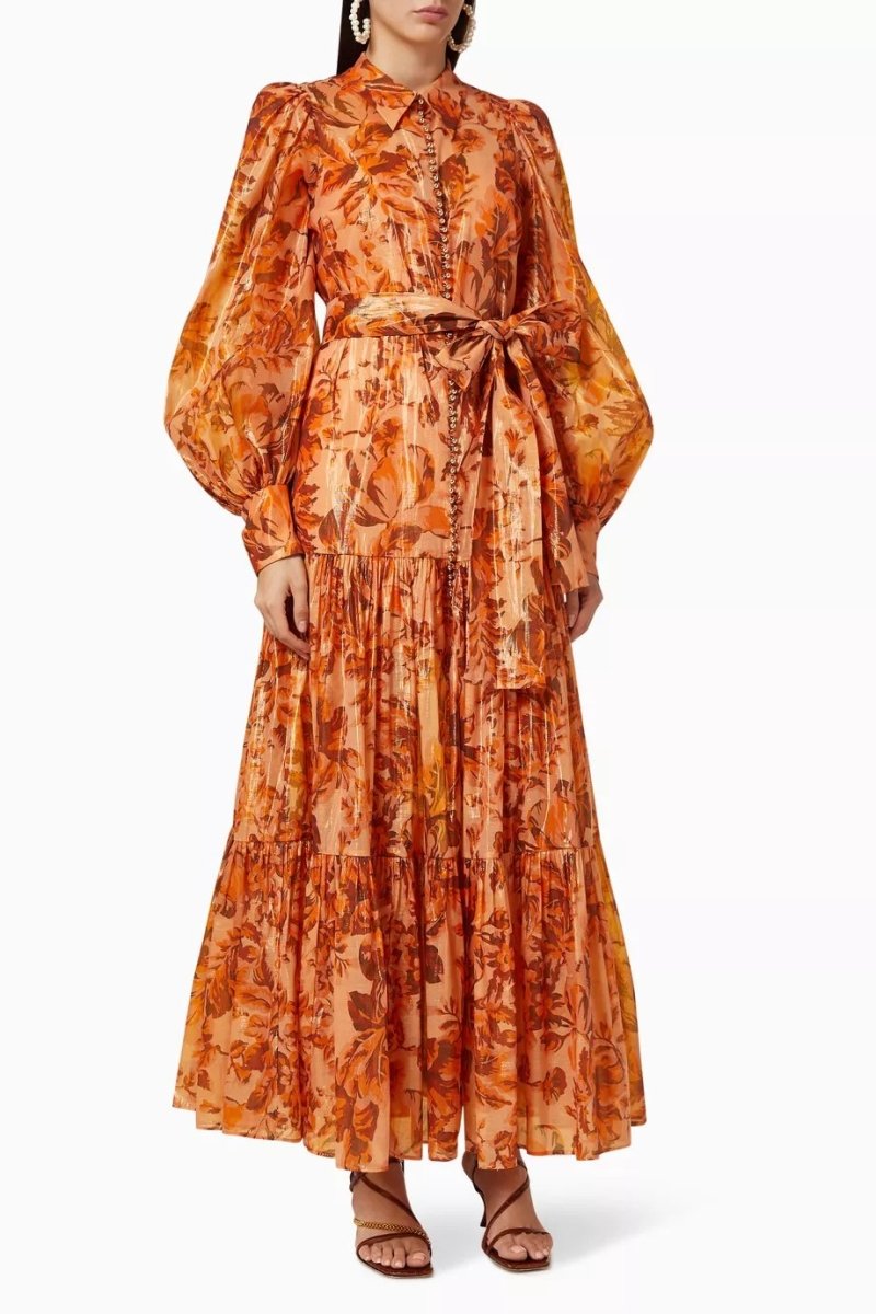 Turuncu Floral Desenli Kuşaklı Maxi Gömlek Elbise
