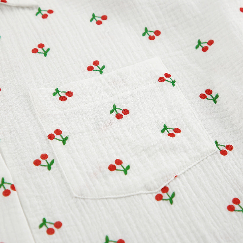 Cherry Patterned White Cotton Shorts Pajama Set