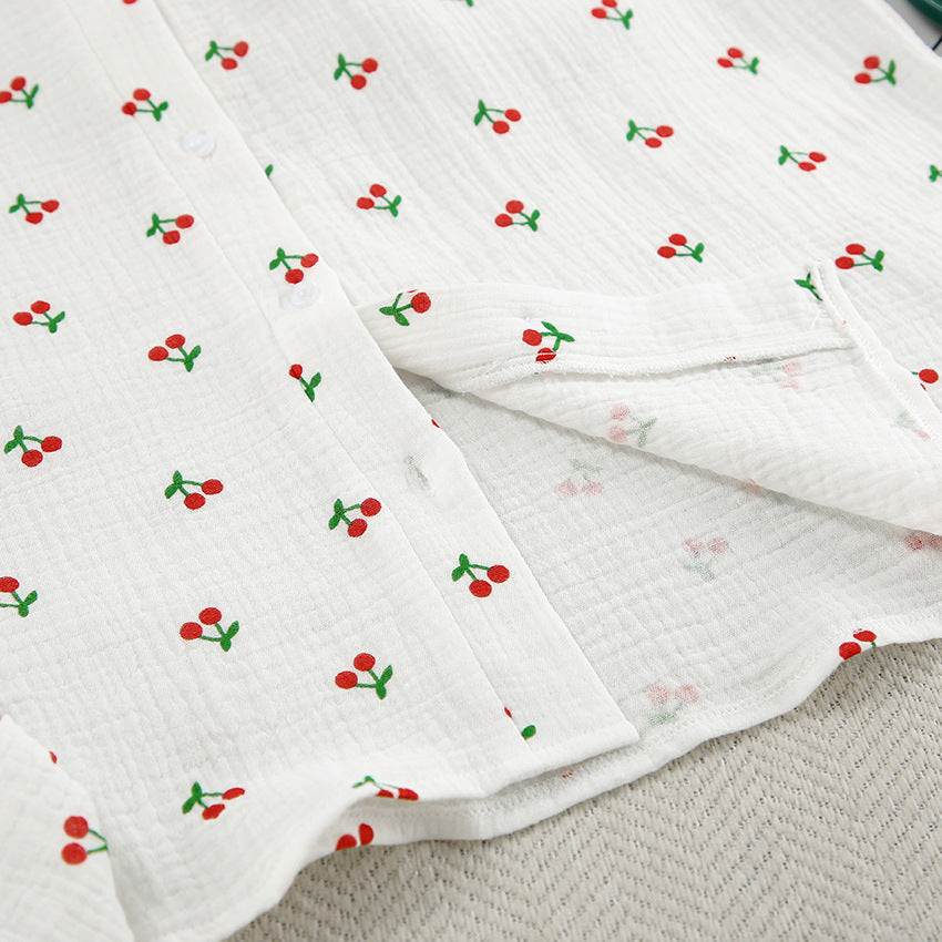 Cherry Patterned White Cotton Shorts Pajama Set