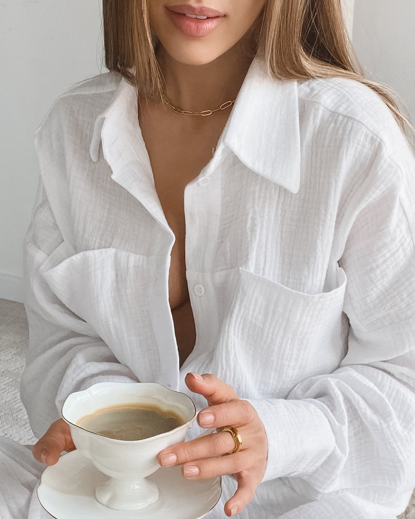 Pamuklu Fransız Tarzı Uzun Kollu Pijama Takımı