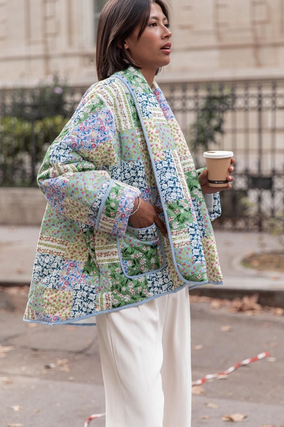 Yeşil Patchwork Desenli Oversize Kapitone Ceket Zalle