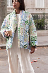 Yeşil Patchwork Desenli Oversize Kapitone Ceket Zalle