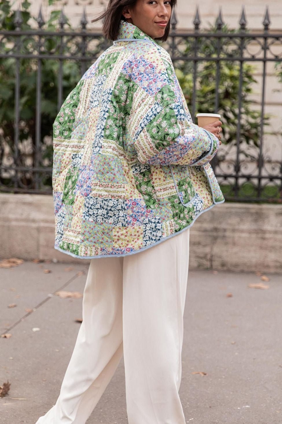 Yeşil Patchwork Desenli Oversize Kapitone Ceket Zalle