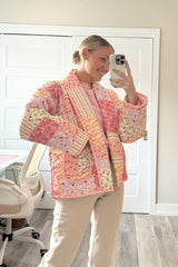 Pembe Patchwork Desenli Oversize Kapitone Ceket Zalle