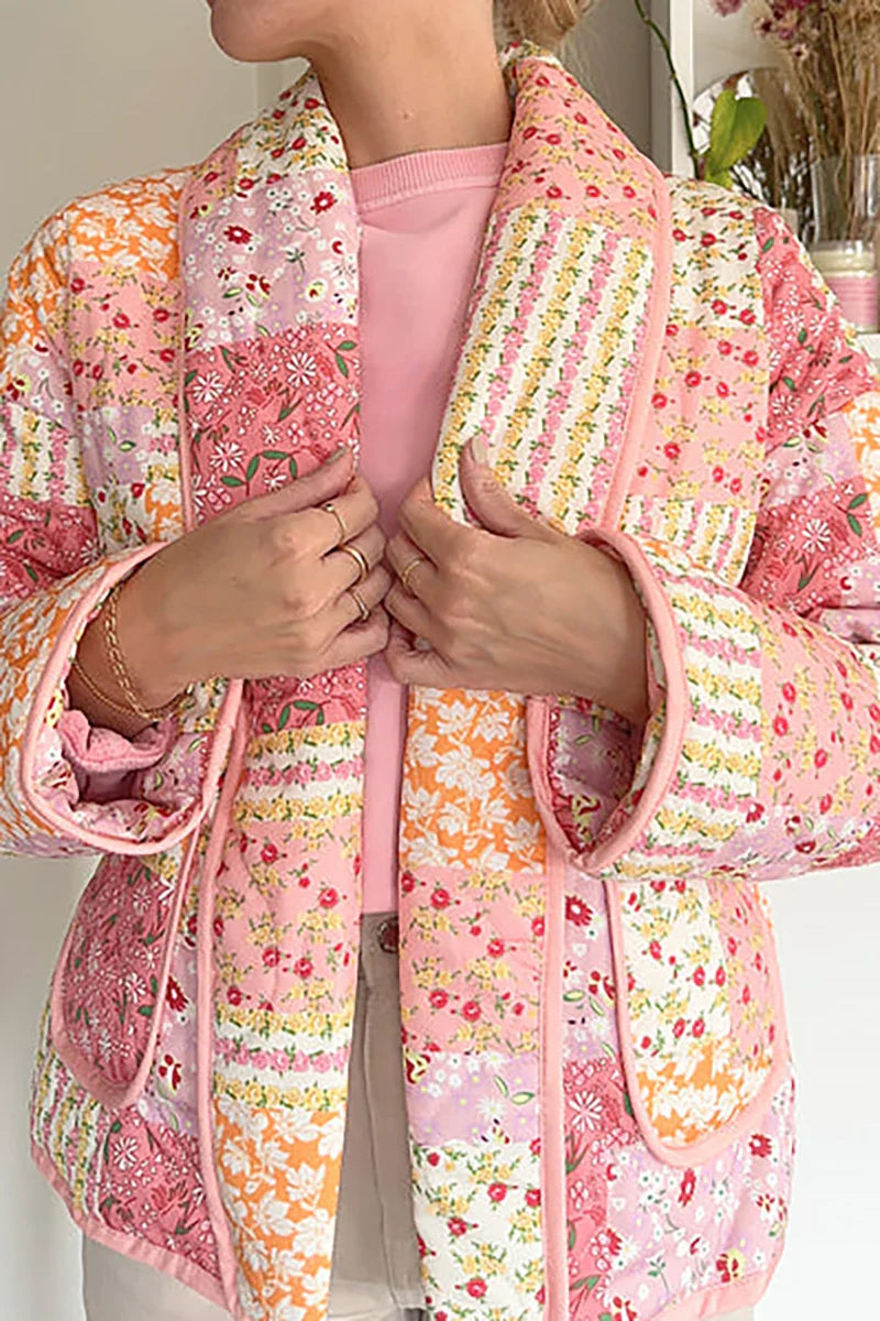 Pembe Patchwork Desenli Oversize Kapitone Ceket Zalle